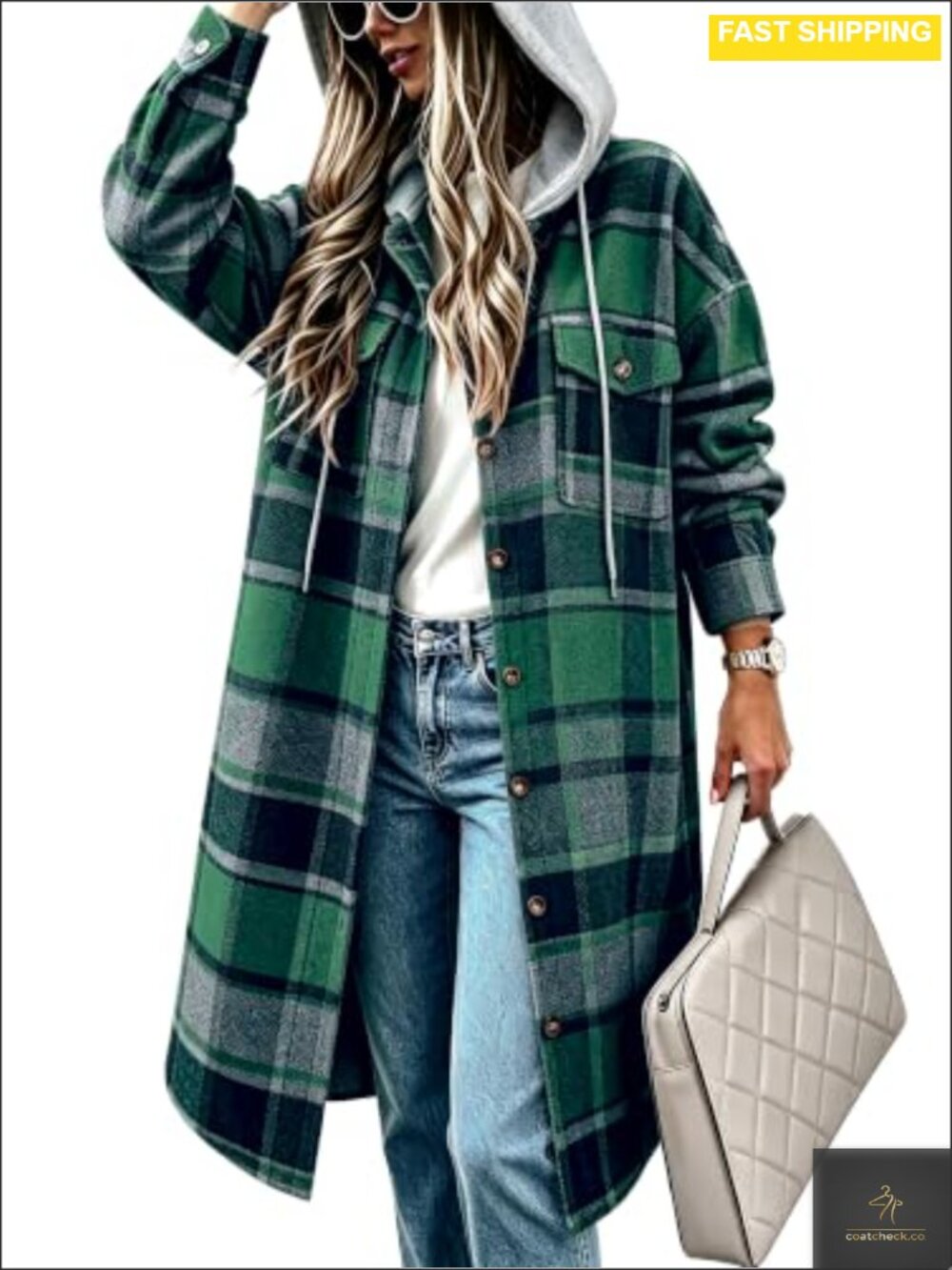 CHICZONE Women's Long Plaid Flannel Hooded Shacket Oversized
